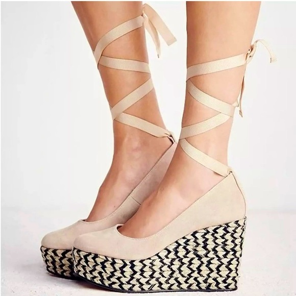 Free People Nude Charade Suede Platform Ballerina Ribbon Tie Espradille size 41 - Picture 1 of 13
